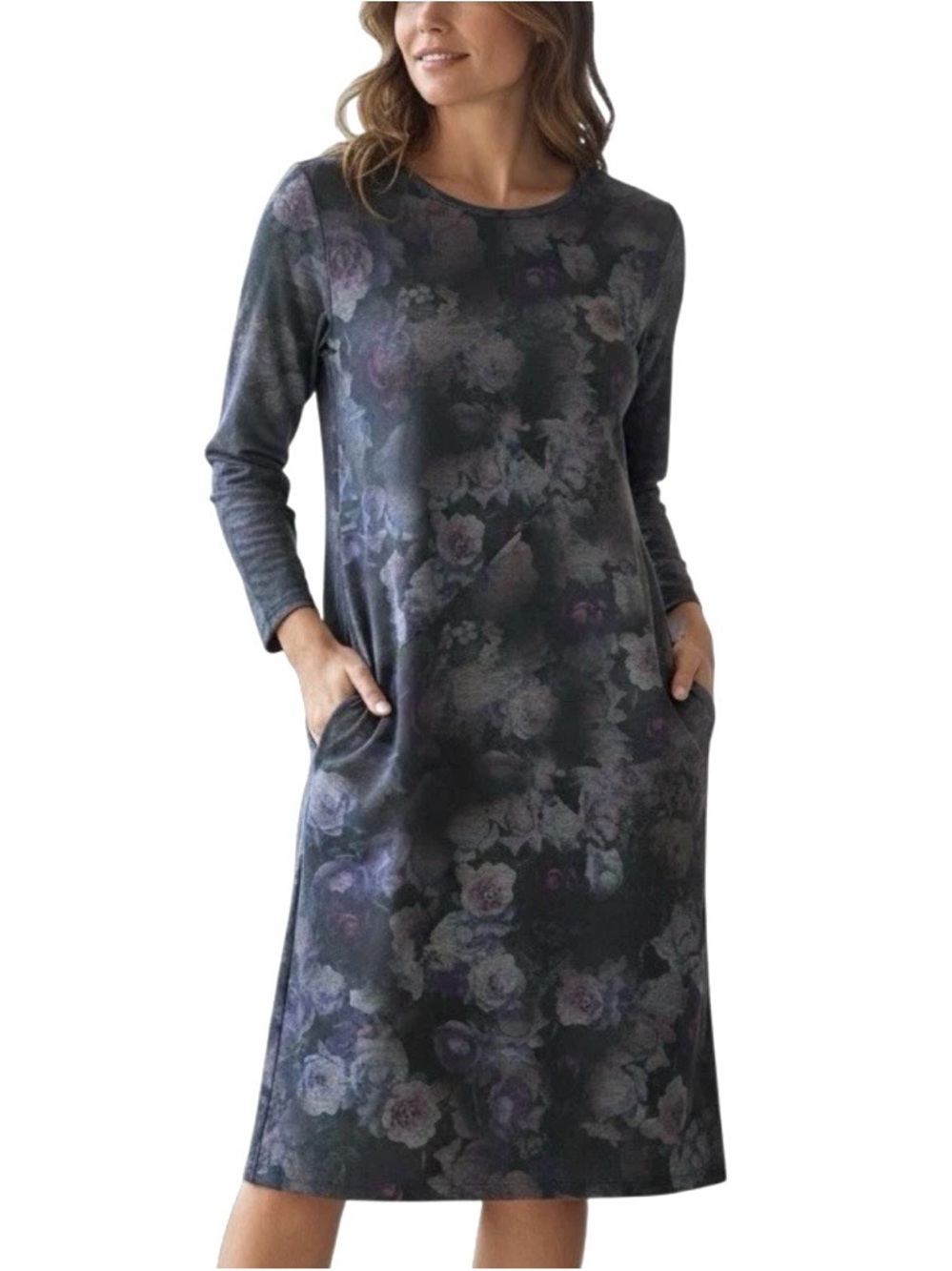 CLARA SUNWOO Black and Purple Floral Long Sleeve Dress w/ Pockets - Extra Small